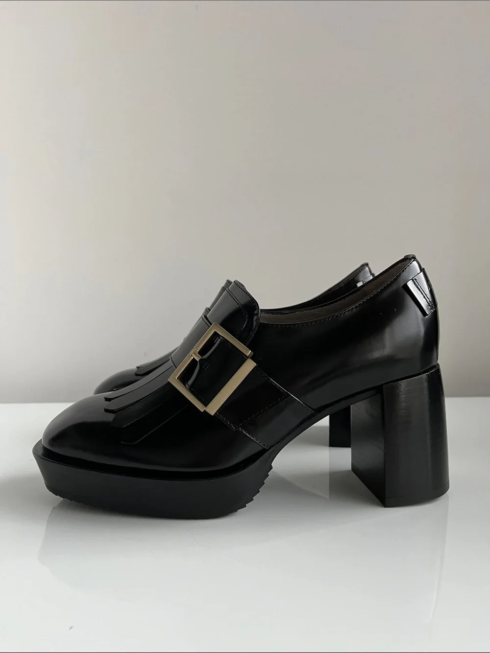 All Saints “ZIA” Black Leather Kiltie Loafers with Gold Buckle